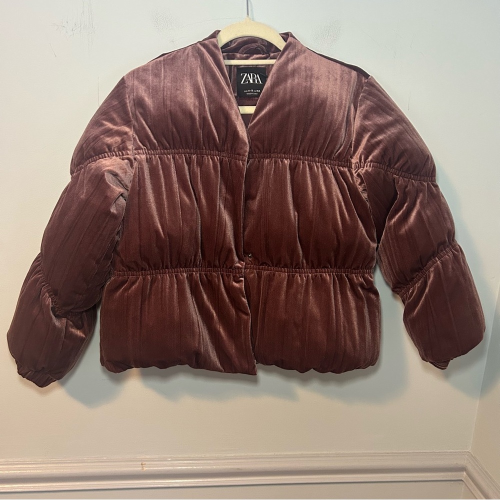 Zara Mauve Velvet Snap Button Puffer Jacket Size 11-12 Kids